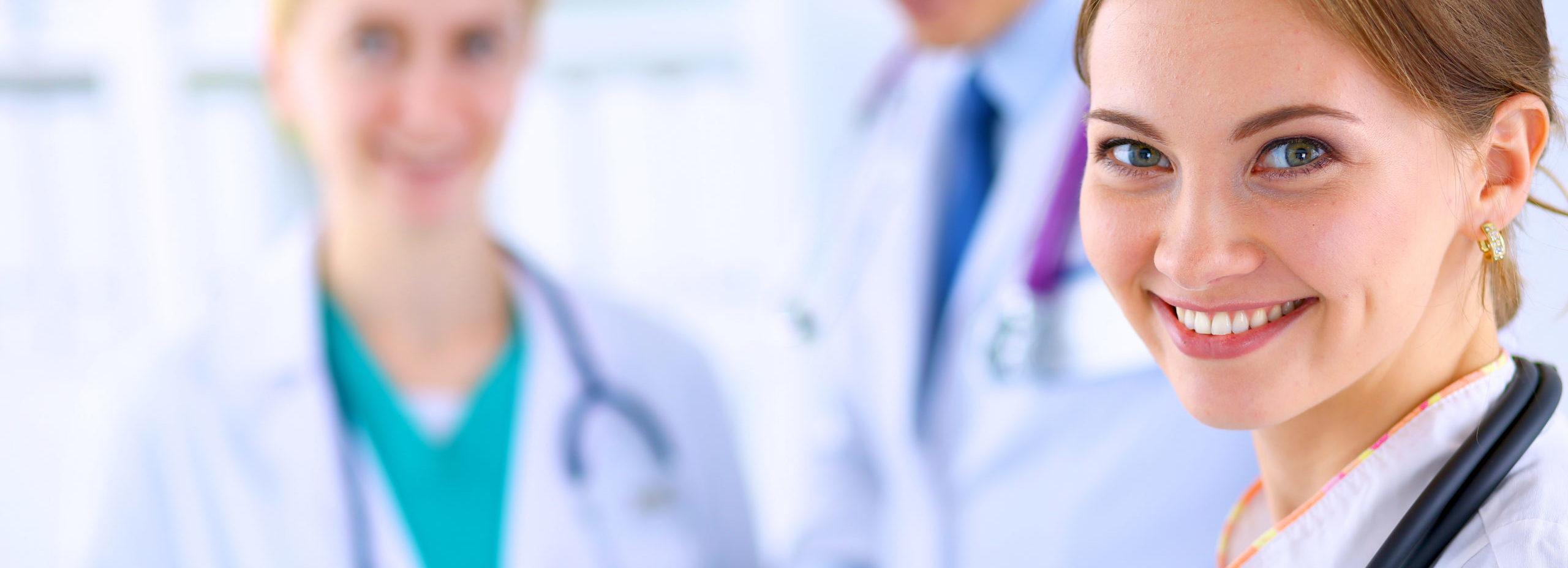 Attractive female doctor with folder in front of medical group